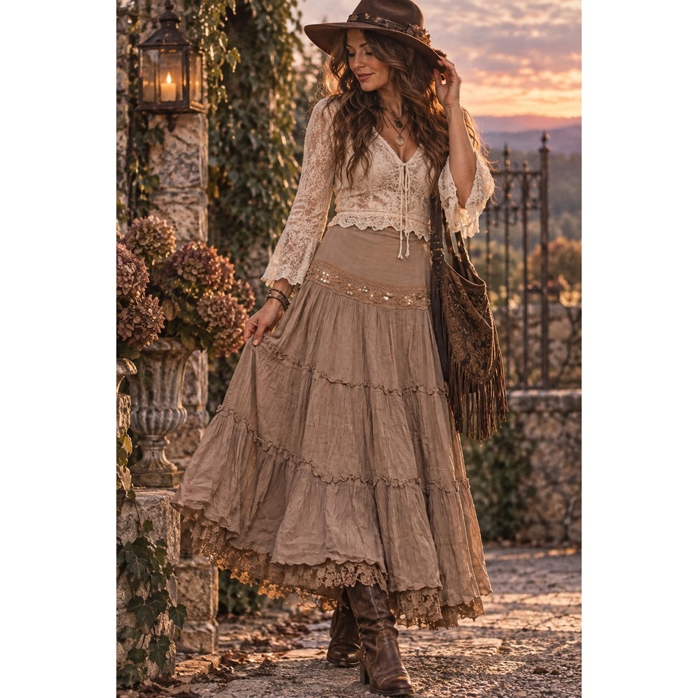 Paradise NY Maxi Skirt M Boho Fairycore Lace Sequin Tiered Taupe Brown